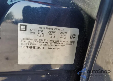 2014 Chevrolet Cruze Lt из США, поврежденный, VIN 1G1PE5SB5E7355779